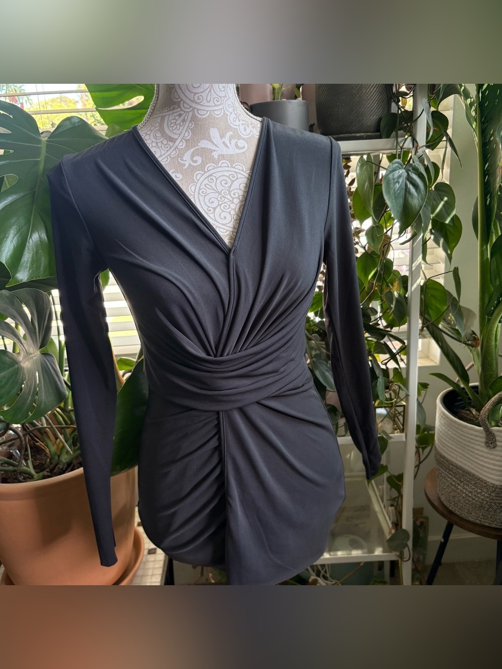 Saks Fifth Avenue Black Long-Sleeve Ruched Wrap-Style Dress